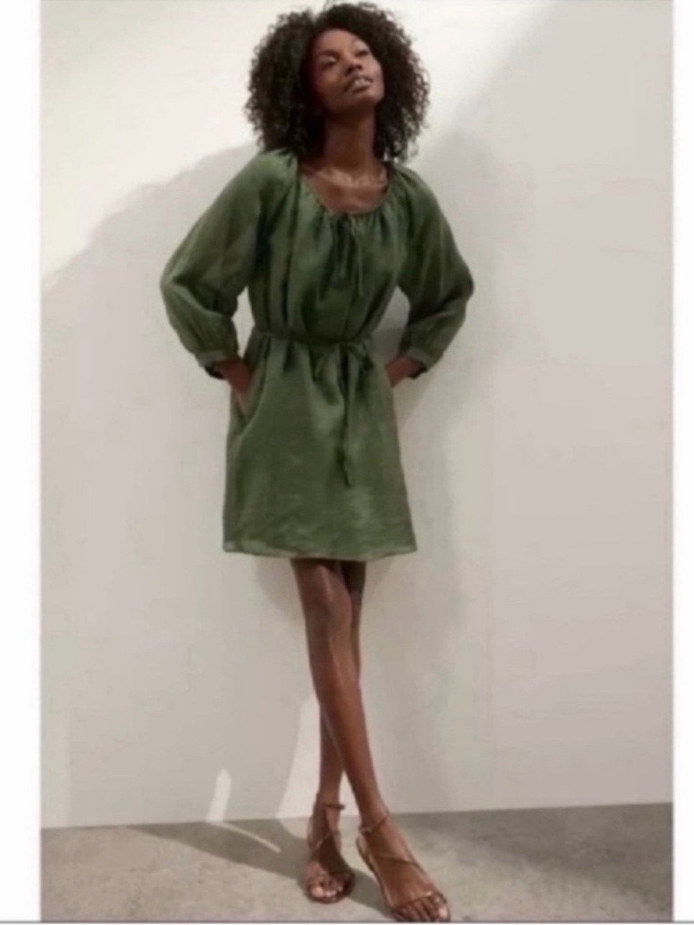 Banana Republic Loose Green Ramie Tunic Style Mini Dress with pockets  szM 8 10